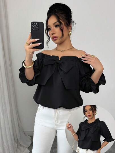 Elenzga Blusa de mujer de unicolor con volantes y lazo al hombro, nueva para 2026