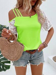 SHEIN LUNE 夏季休闲撞色蕾丝拼接不对称领T恤 - 綠色 - 查看 3