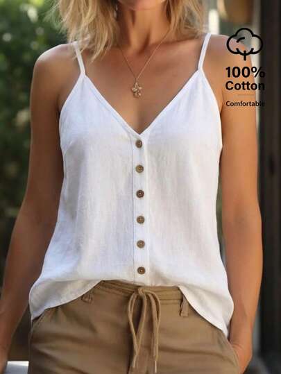 Balvessa Camiseta sin mangas casual y holgada con botones decorativos de unicolor para mujer
