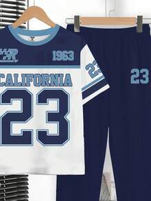 Tween Boy Navy Blue Y2K Streetwear Summer School Back-To-School Retro Colorblock Number 23 Print Round Neck Short Sleeve T-Shirt And Pants Set - White - View 6