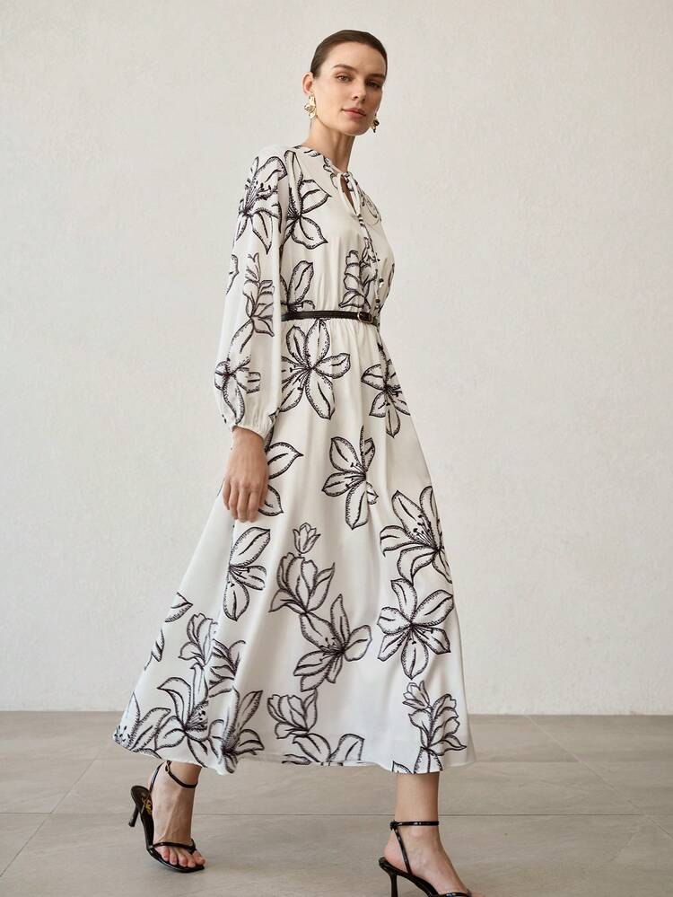 BLACK & WHITE FLORAL PRINT CINCHED WAIST MIDI DRESS
