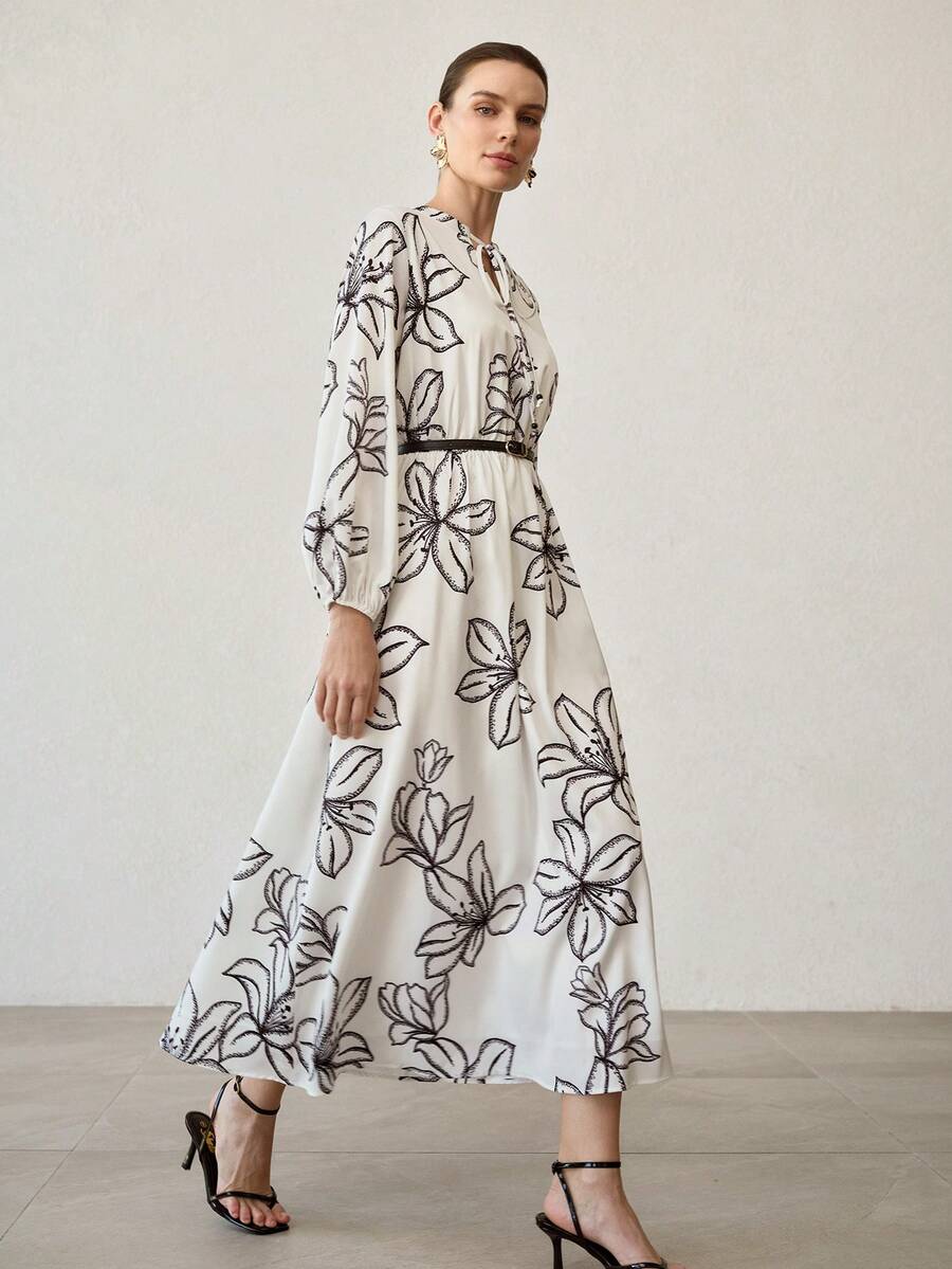 MOTF PREMIUM BLACK & WHITE FLORAL PRINT CINCHED WAIST MIDI DRESS - Black and White - View 1