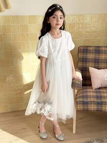 DAZY Tween Girl Floral Embroidery Pattern Mesh Patchwork Crew Neck Puff Sleeve Party Dress Summer - White - View 4