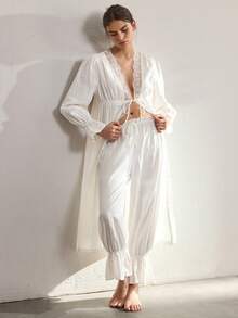 Ocili Women's Contrast Lace Flare Sleeve Robe And Long Pants Elegant Pajama Set - White - View 6