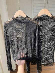 SHEIN EZwear 2 pezzi Maglie nere versatili in pizzo per donne taglie forti, autunno/inverno - nero - Visualizzare 3