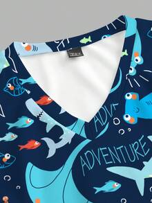 Poshira V-Neck Short Sleeve Casual Minimalist Scrub Uniform Top With Shark All-Over Print - Multicolor - View 4