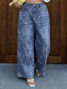 Dazy Plus 印花宽松直筒休闲牛仔裤，街头风，四季皆宜 - 中等水洗藍 - 查看 4