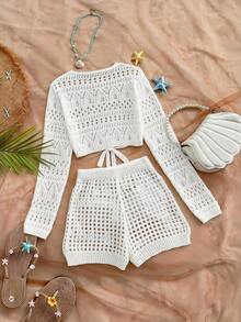 Breezaya New Summer Sexy Sheer Lace-Up Crop Top, Chic & Fresh Design For Beach, Vacation, Party, Dates, Lightweight Knit Two Pieces Set - White - View 2