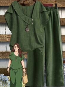 EMERY ROSE Bộ đồ 2 món dành cho nữ cỡ lớn: Áo tay ngắn in hoa không đều và quần ống rộng cạp chun, thích hợp cho mùa xuân/hè. - xanh quân đội - Xem 1