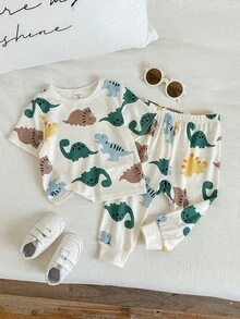 SHEIN 2件套男女童可爱恐龙印花短袖T恤和裤子休闲家居服套装，适合室内外穿着，春夏款 - 杏色 - 查看 3