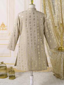 SHEIN Tween BoyMiddle Eastern Inspired Golden Foil Floral Patterned Fancy Shirt - Apricot - View 2