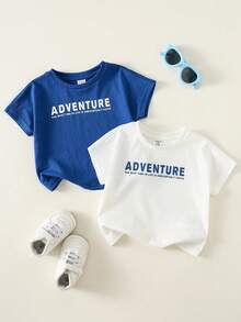 SHEIN Bộ 2 áo thun ngắn tay in chữ, kiểu dáng thường ngày dễ thương, đa năng cho bé trai, thích hợp mặc mùa hè. - Nhiều màu - Xem 2