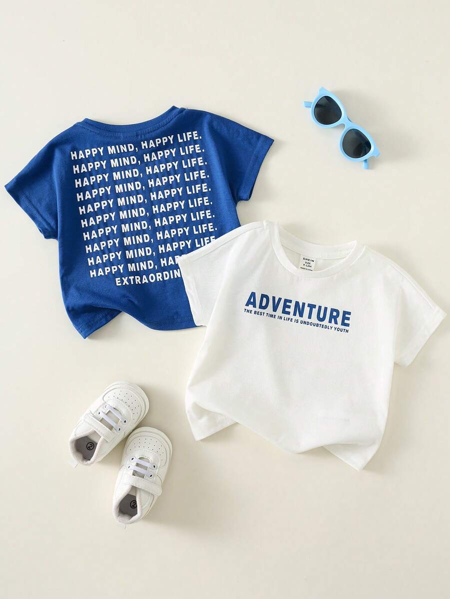SHEIN Bộ 2 áo thun ngắn tay in chữ, kiểu dáng thường ngày dễ thương, đa năng cho bé trai, thích hợp mặc mùa hè. - Nhiều màu - Xem 1