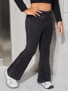 SHEIN Young Girl' Blue Denim Elastic Skinny Flare Pants - Black - View 3