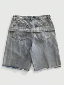 ROMWE MEN 男士做旧水洗宽松牛仔短裤 - 杏色 - 查看 3