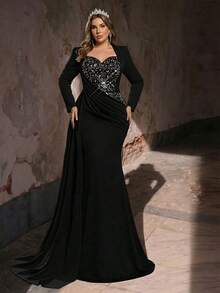 Aureia Plus Size Elegant Romantic Black Long Sleeve Luxury Sequin Patchwork Elastic Fabric Waist Ruched Mermaid Hem With Side Slit Dress, Suitable For Wedding, Party, Formal Occasion, Gala (Heavily Embellished Design) - Black - View 5