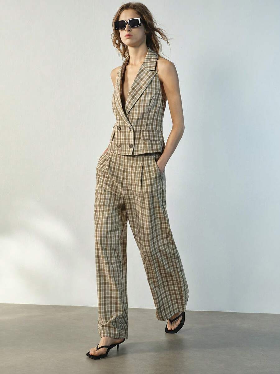 Maija Women's Spring/Summer Casual, Office, Commute Plaid Print Lapel Collar Backless Halter Vest And Suit Pants Set - Multicolor - View 1