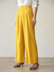 MOTF PREMIUM WOMEN'S YELLOW LINEN BASIC ELEGANT WIDE LEG PANTS, SUITABLE FOR COMMUTING - Yellow - View 5