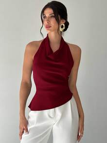 Firerie 女士新款优雅通勤衬衫，不对称领无袖露背吊带可调节纽扣装饰修身黑色办公衬衫，女士通勤衬衫，春夏服装，通勤，优雅，性感 - 酒紅色 - 查看 3