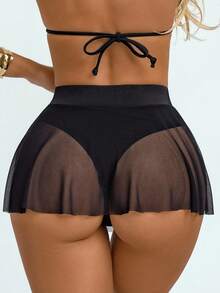 Swim Basics Women's Swimsuit Bottom Pleated Skirt With Ruffled Hem Mesh Cover Up Modest Bikini Bottom - Black - View 3