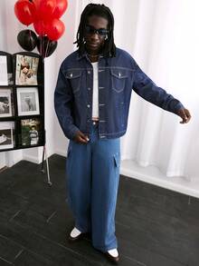 GALLERY FADE Men's Casual Street Style Multi-Pocket Striped Blue Denim Jacket - Dark Wash - View 2