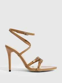 CUCCOO SZL 女士时尚尖头细高跟杏色细带钻石扣带高跟凉鞋性感派对宴会夜店女凉鞋 - 杏色鑽扣 - 查看 4