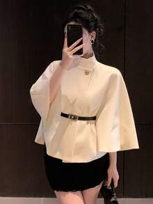 DAZY 宽松商务休闲披肩领大衣，金属扣装饰，适合办公室、婚礼、派对、秋冬季节穿着，加厚女式外套 - 米色 - 查看 8