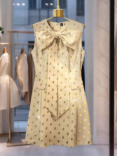 GlowEve CURVE 大码优雅舒适蝴蝶结箔饰成熟鸡尾酒会及工作中长连衣裙，圆领