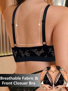 SHEIN 1 pieza Sujetador inalámbrico de encaje con cierre delantero para tallas grandes - Negro - Ver 2