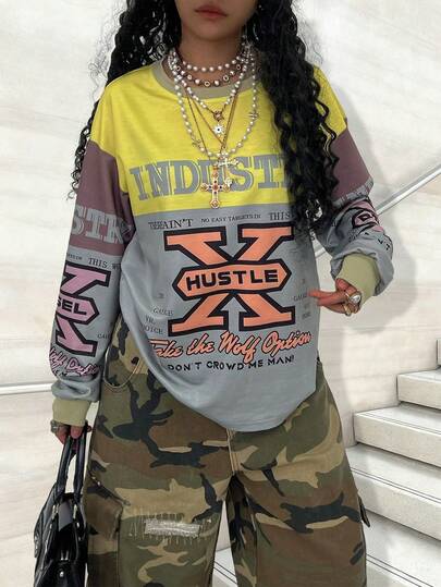 Rovax Plus Size Loose Fit Drop Shoulder Crew Neck Digital Print Top