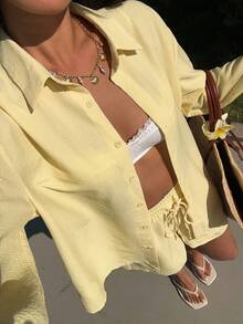 SHEIN EZwear Summer Outfits  Women's Casual Simple Yellow Woven Button-Front Shirt And Shorts 2 Pieces Set, Summer - Yellow - View 3