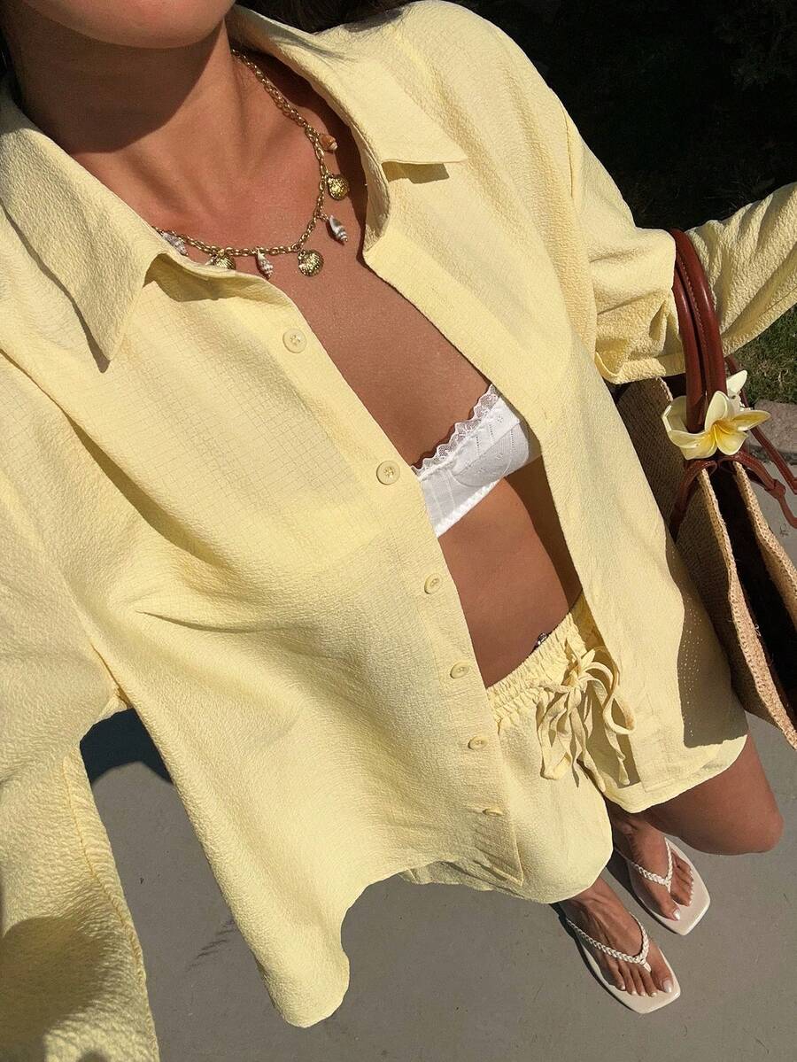 SHEIN EZwear 女士休闲简约黄色梭织纽扣衬衫短裤两件套，夏季 - 黃色 - 查看 1