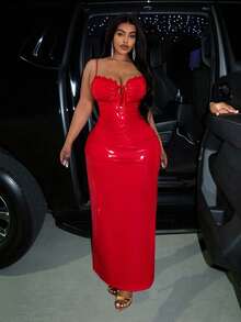 Slaydiva Mới/Lễ Phục Sinh/Phong cách phương Tây/Ngày lễ Năm Mới/Ngày Valentine/Thời trang đường phố gợi cảm dành cho nữ/Đầm ôm sát gợi cảm Gyaru dành cho ngày Valentine cỡ lớn bằng chất liệu PU, dây mảnh - Màu đỏ - Đỏ - Xem 12