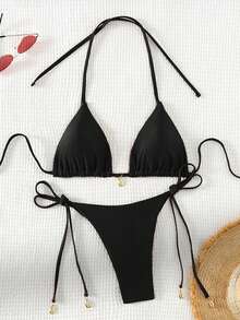 Swim Basics Bộ bikini gợi cảm buộc dây cổ màu trơn dành cho nữ mùa hè 2025, bikini dây, bikini tam giác, bikini đi nghỉ mát, bikini cắt chữ V, bikini kiệm vải. - màu đen - Xem 2