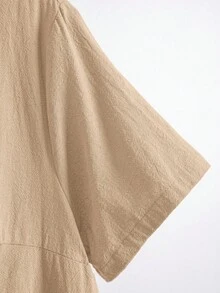 EMERY ROSE 大码纯色短袖休闲度假连衣裙，女士夏季服装/夏季，热带度假女装短袖连衣裙，女士休闲连衣裙，米色连衣裙 - 卡其色 - 查看 4