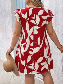 SHEIN VCAY Gaun Liburan Kasual Musim Panas Ukuran Besar dengan Motif Daun dan Hem Berkerut, Gaun Musim Panas - Merah - View 2
