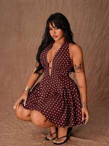 Rustia Vestido mini sexy de línea A con escote halter y lunares para mujer de talla grande - Marrón - Ver 6