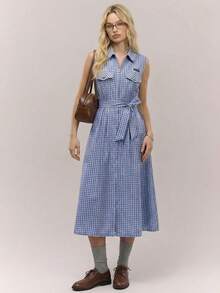 Muvela Đầm nữ không tay, cổ bẻ phía trước, thắt eo, chất liệu 100% cotton, họa tiết kẻ caro xanh dương, kiểu dáng retro sinh viên, thích hợp mặc đi làm và mặc thường ngày. - Màu xanh lam - Xem 3