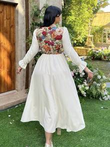 Flirla Đầm midi dáng rộng dành cho nữ, cổ vuông, chất liệu jacquard, phối màu tương phản, kiểu dáng vintage thanh lịch, màu mơ. - Màu be - Xem 2