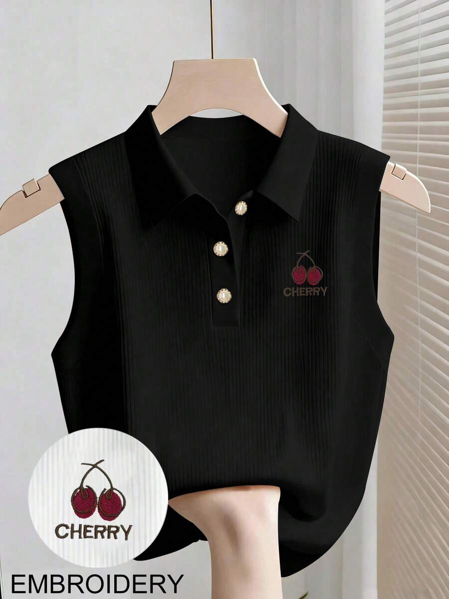 Resyla Women's Casual Collared Button Half Placket Cherry Embroidery Pattern Versatile Daily Wear Top - Black - View 1