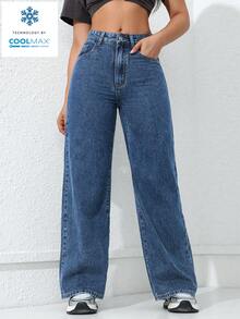 SHEIN ICON Quần jeans ống rộng màu trơn, cạp xéo, kiểu dáng thường ngày, đa năng. - Màu xanh lam - Xem 4