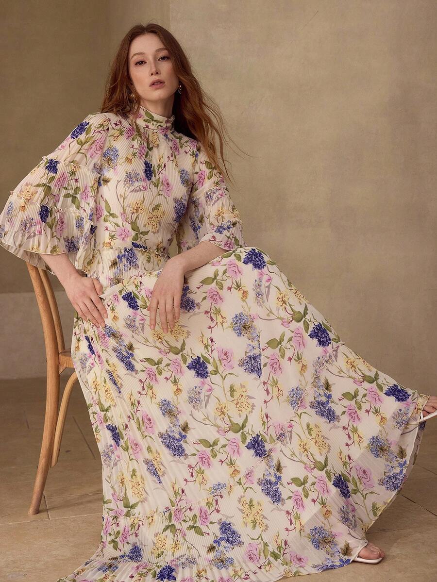 MOTF PREMIUM WOMEN'S PLEATED LOOSE ELEGANT PRINTED LONG DRESS, SPRING/SUMMER - Apricot - View 1