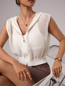 女士无袖针织背心开衫，运动毛衣外套 - 白色 - 查看 1