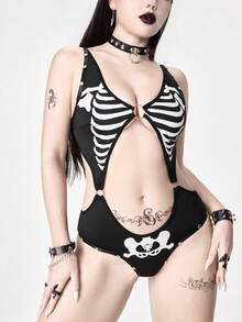 Bộ jumpsuit nữ phong cách Gothic bằng lụa sữa với họa tiết xương và chi tiết đinh tán, gợi cảm. - màu đen - Xem 1