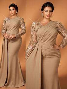 Serin Robe longue élégante et luxueuse de grande taille en satin avec patchwork de sequins champagne brodés, manches longues, froncée, ajustée avec ourlet queue de poisson. Convient pour soirée, rendez-vous, bal, vacances, mariage, mère de la mariée, invité - Champagne - Voir 5