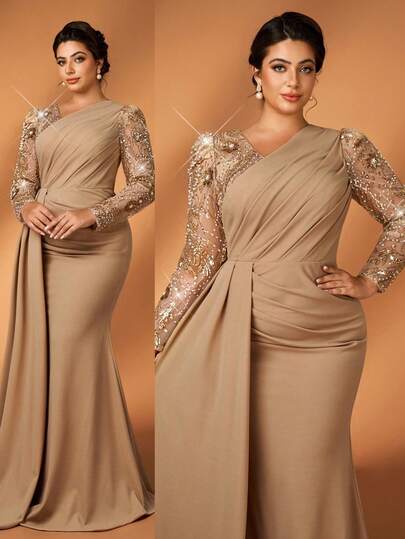 Serin 大码优雅奢华香槟色亮片刺绣拼接弹力缎面长袖褶皱修身鱼尾裙，适合晚宴、约会、舞会、度假、婚礼、新娘母亲、宾客等场合。