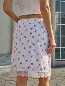 INAWLY Chân váy nữ mùa xuân/hè kiểu Pháp thanh lịch họa tiết hoa nhí phối ren tương phản, cạp chun. - trắng - Xem 2