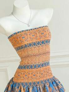 Elamini Paisley Print Strapless Mini Dress, Casual Vacation - Burnt Orange - View 4