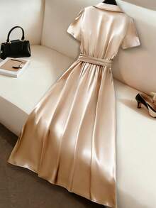 GlowEve Women's Elegant Commuter Crossed Collar Short Sleeve Midi Dress, Summer - Apricot - View 2