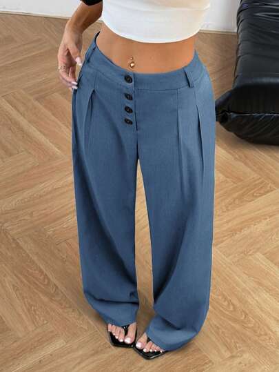 FavEase Women's Casual Solid Color Straight Leg Pants